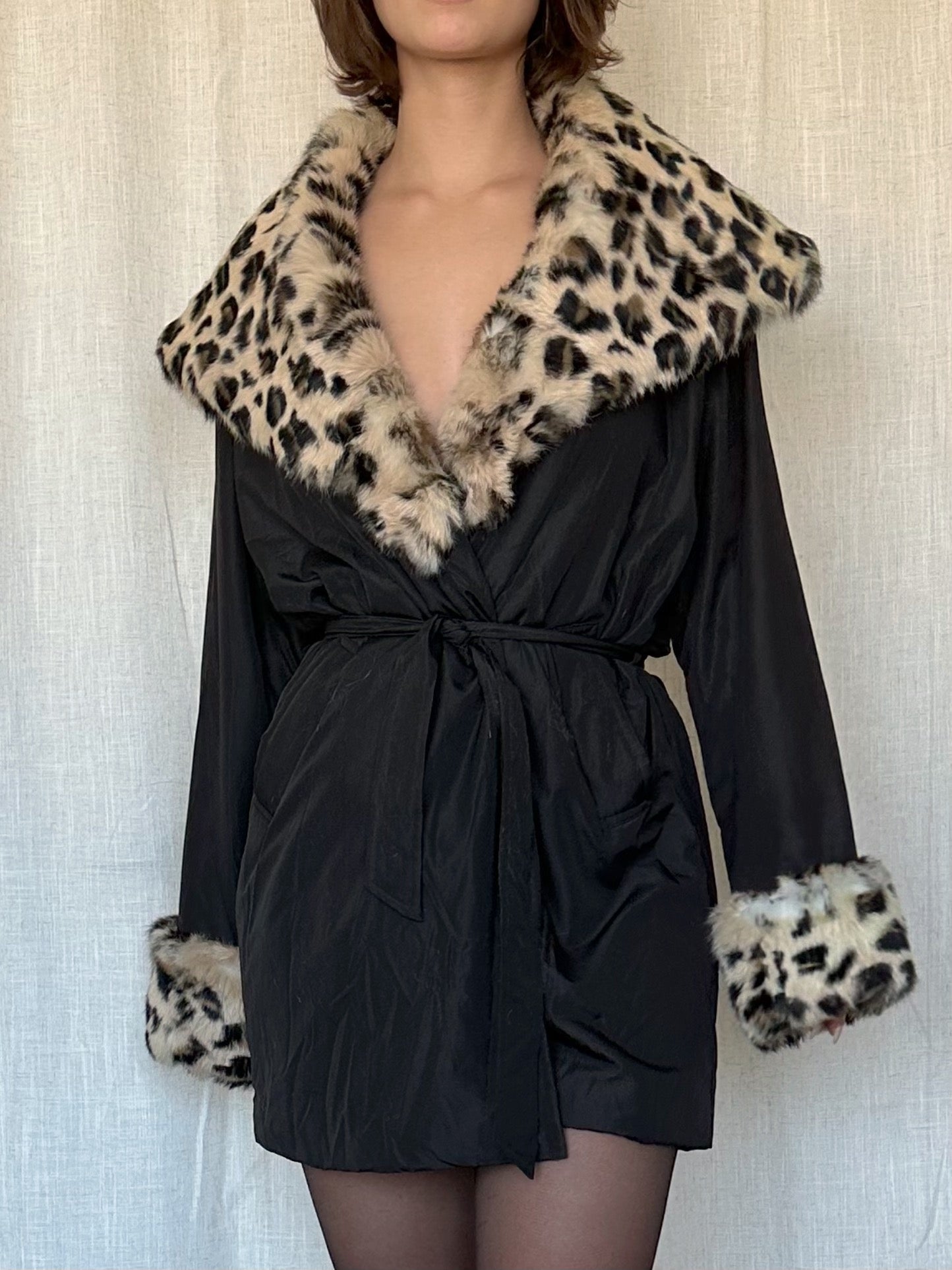 Fur Collard Cheetah Print Coat with Waist belt