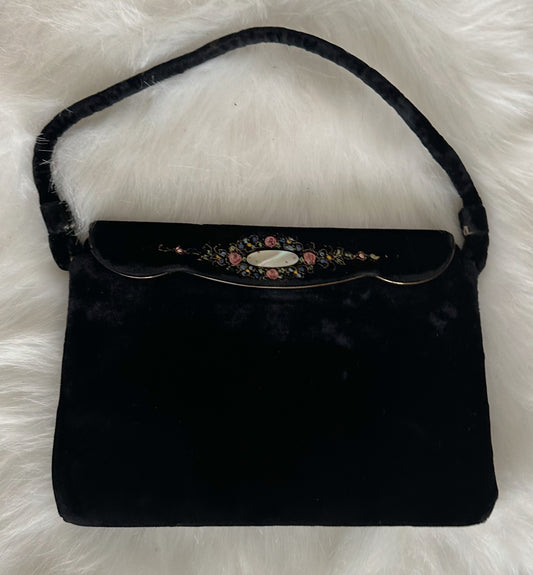 Vintage Black Velvet Embroidered Clutch