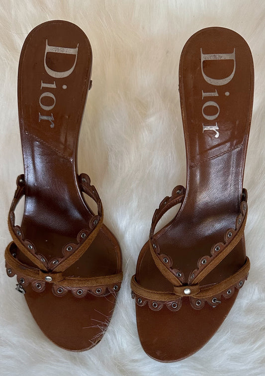 Dior Brown Leather Heels with Gem